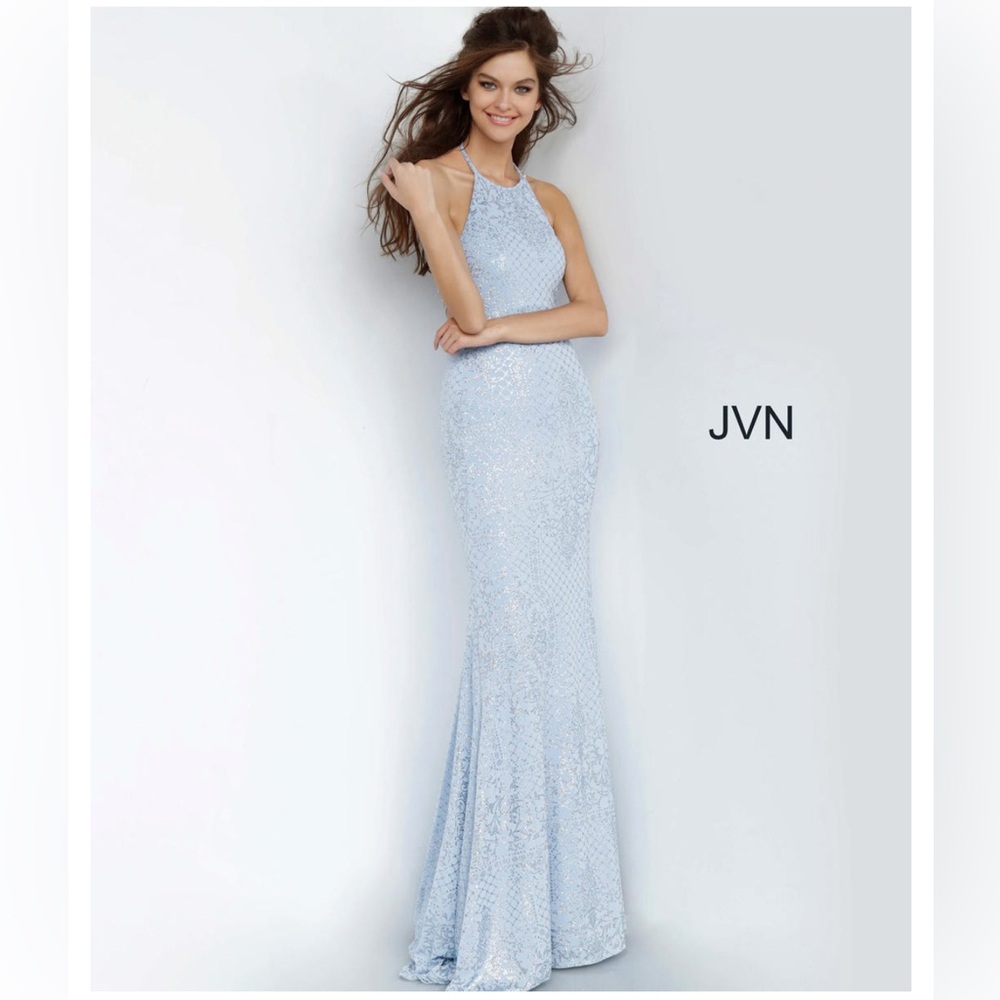 NWT. JOVANI | Light Blue Lace Up Back Jersey Gown